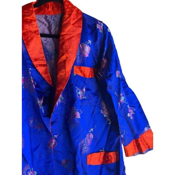 Vintage Men's Silk? Satin Robe Floral Brocade Blue Size LARGE with 3 Pockets - Picture 2 of 9